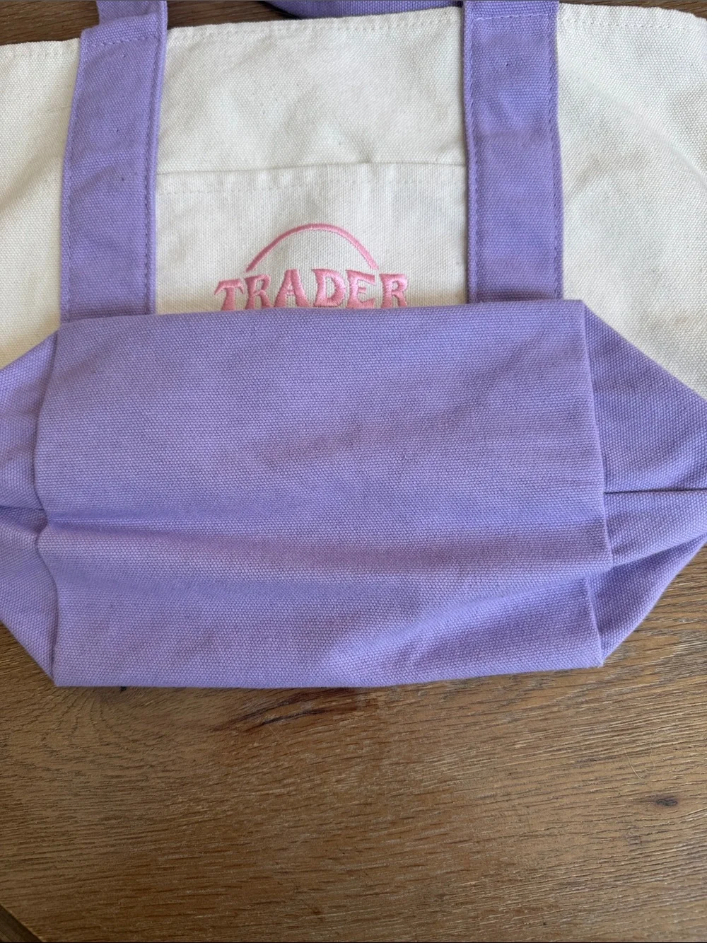 Trader Joe’s mini Lilac and Cream Canvas Tote Bag with Pink Logo